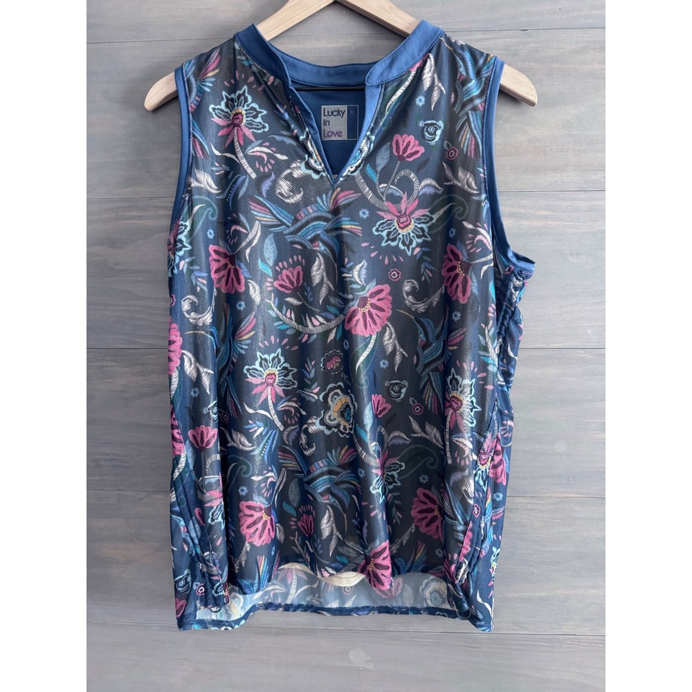 Lucky in Love Metallic Cinch Tank Top Women Small Blue Floral XL Gold Tennis